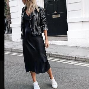 Carbon 38 Black Slip Midi Dress – Cowl Neck Satin Finish, Size S